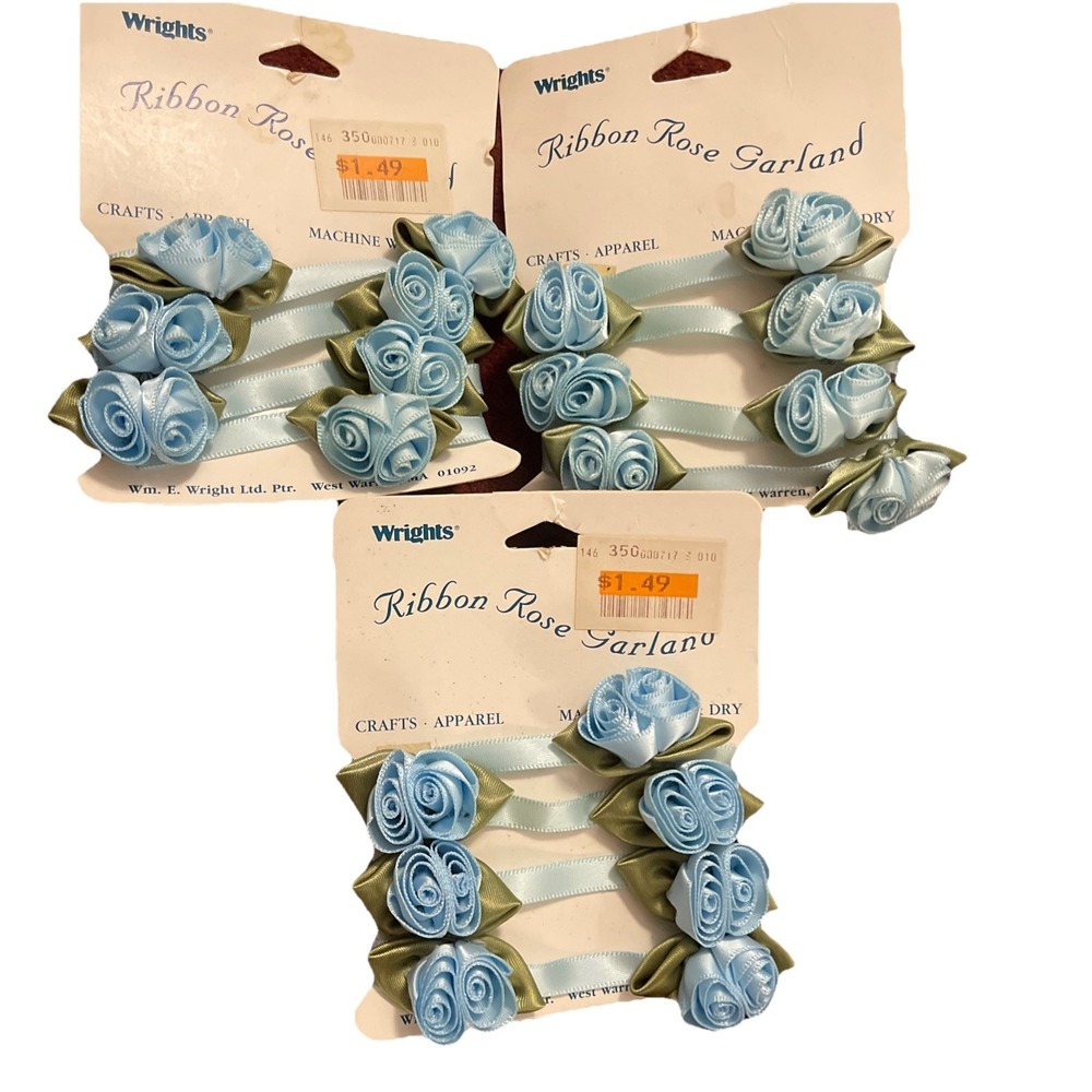 VTG Wrights Ribbon Roses For Sewing/Crafts, NOC New Old Stock Blue‎ / Green